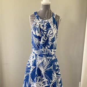 Eliza J Fit and Flare Blue and White Palm Tropical Dress